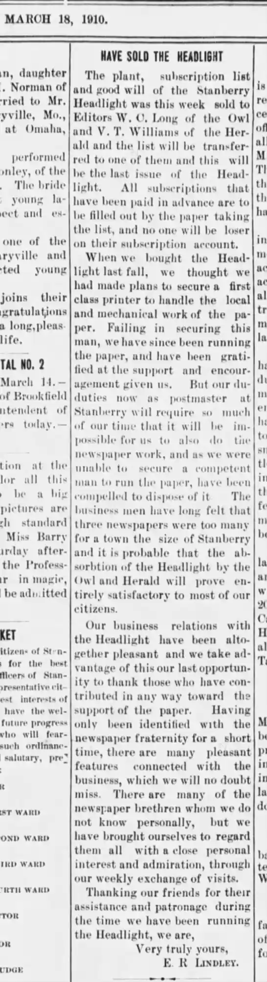 Sale of Headlight to Long Mar 18, 1910 issue